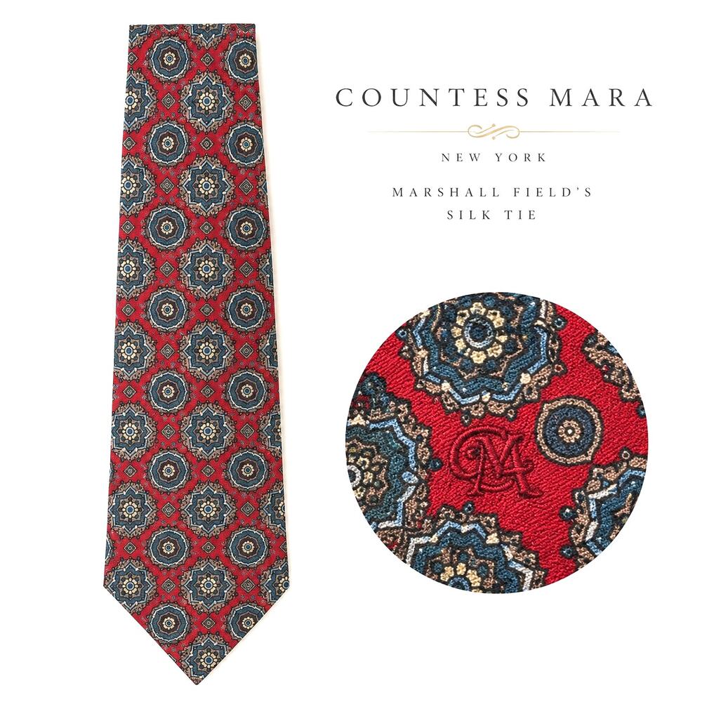 Countess Mara Marshall Field’s Silk Tie Red Blue Medallion Monogram 56”